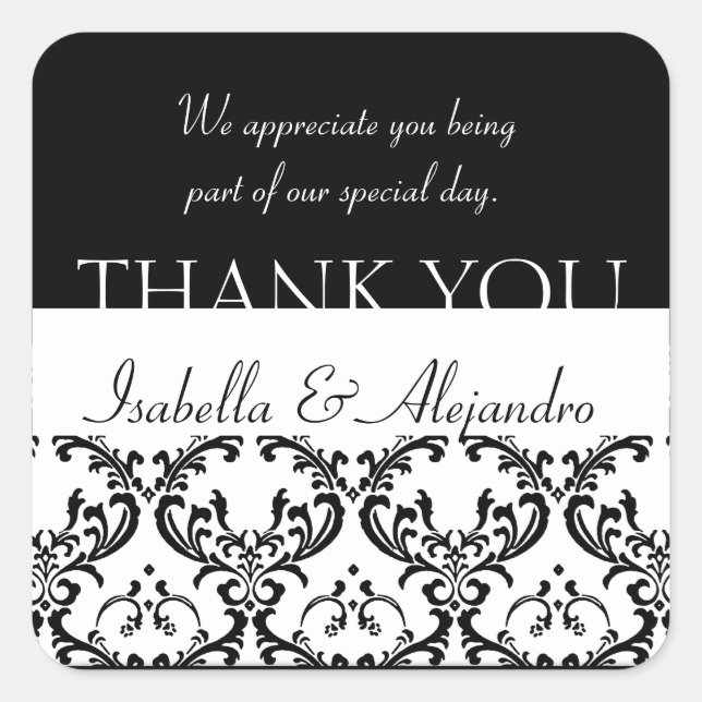Damask Wedding Favour Thank You Label Black Square (Front)