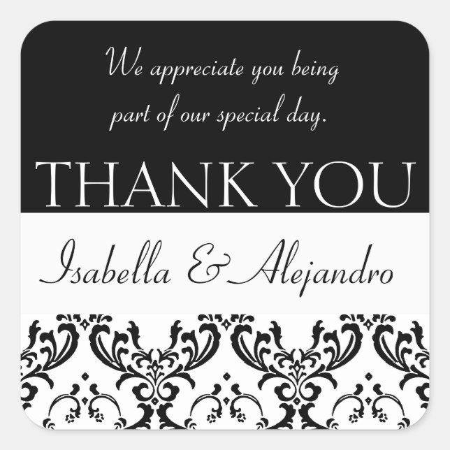 Damask Wedding Favour Thank You Label Black Square (Front)
