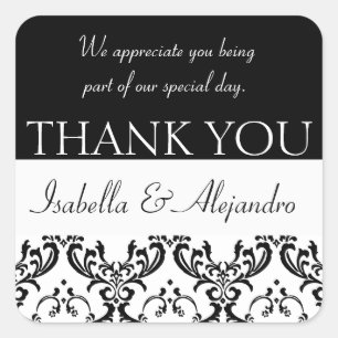 Damask Wedding Favour Thank You Label Black Square