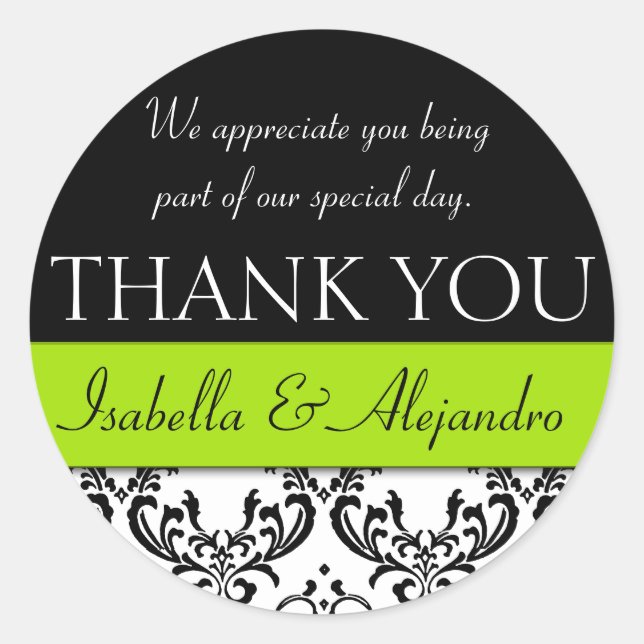Damask Wedding Favour Thank You Label Lime Green (Front)