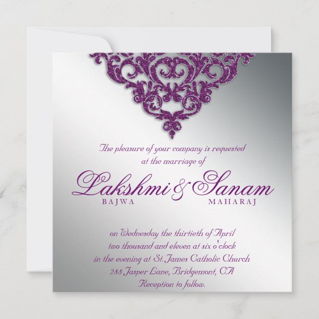 Damask Wedding Glitter Silver Purple Bright Invitation (Front)