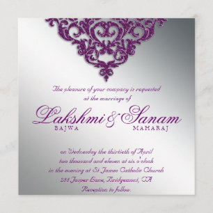 Damask Wedding Glitter Silver Purple Bright Invitation
