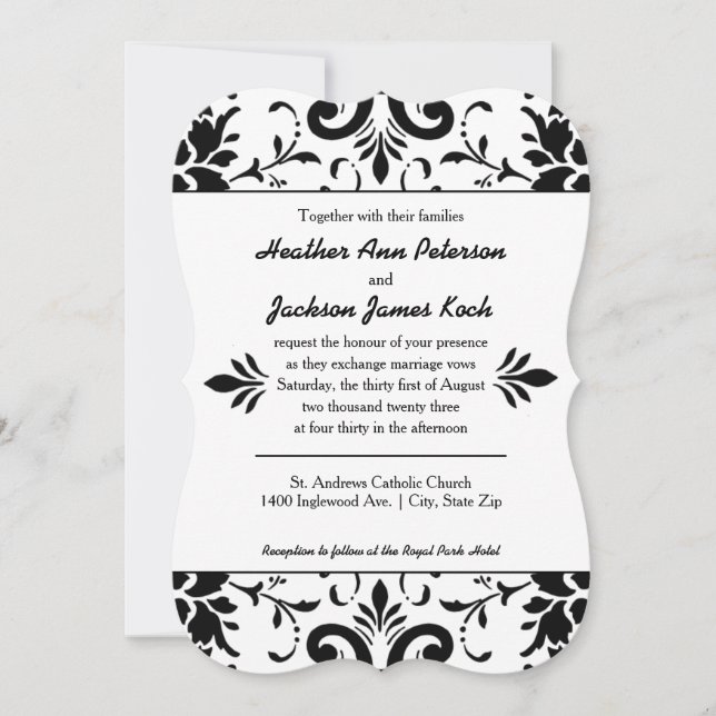 Damask Wedding Invitation Formal Black and White (Front)