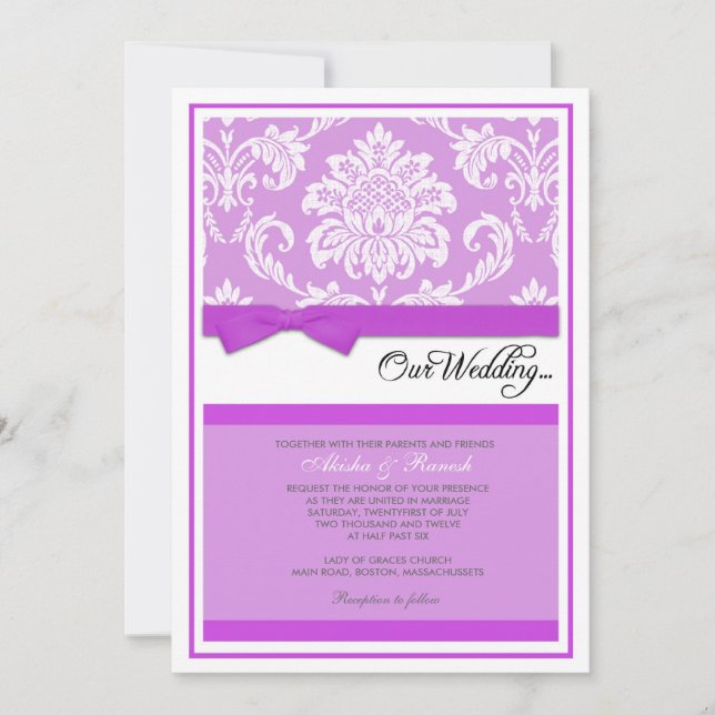 Damask Wedding Invitation in Purple (Front)