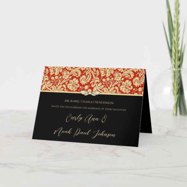 Damask Wedding Invitation Red and Black (Front)