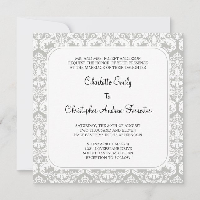 Damask Wedding Invitation Silver Cloud (Front)