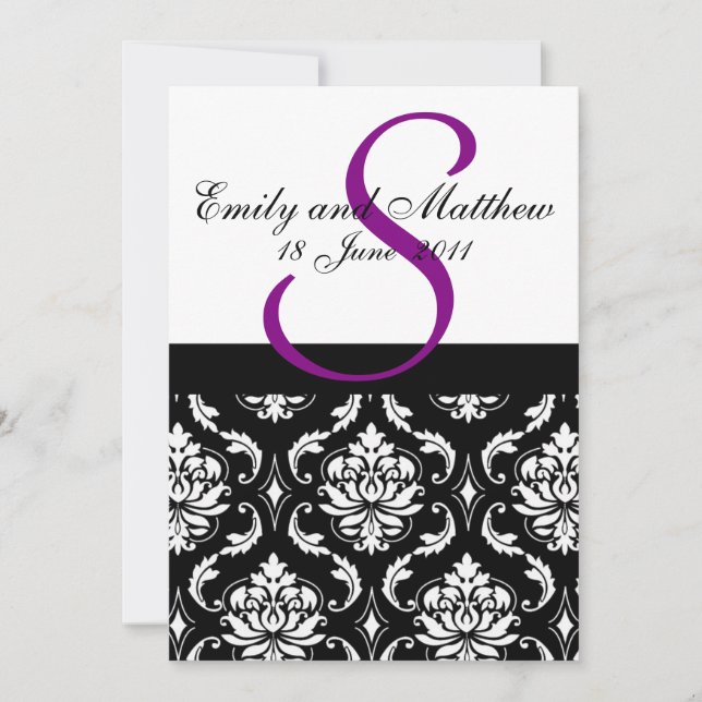 Damask Wedding Invitations Purple Monogram (Front)