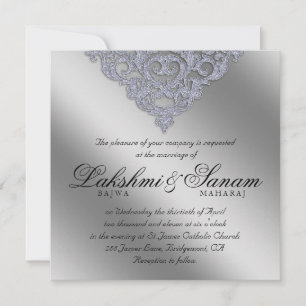 Damask Wedding Invite Sparkle Silver Lace