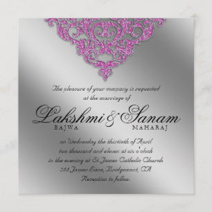 Damask Wedding Invite Sparkle Silver Pink