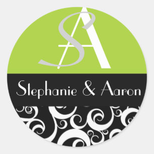 Damask Wedding Monogram in Black and Green Classic Round Sticker