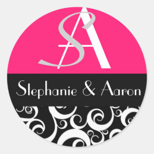 Damask Wedding Monogram in Black and Hot Pink Classic Round Sticker