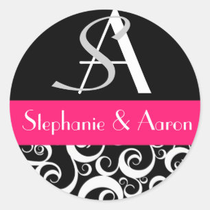 Damask Wedding Monogram in Black and Hot Pink Classic Round Sticker