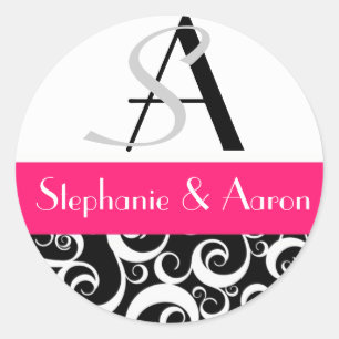 Damask Wedding Monogram in Black and Hot Pink Classic Round Sticker