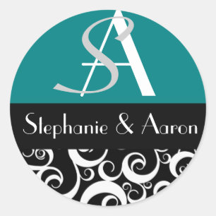 Damask Wedding Monogram in Black and Teal Classic Round Sticker