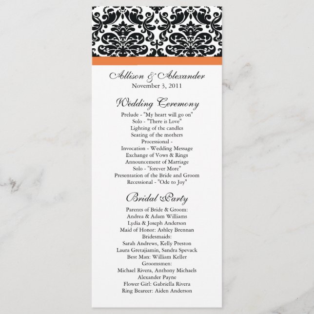 Damask Wedding Program Black & Coral Rose Programme (Front)