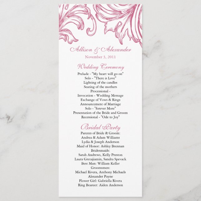 Damask Wedding Program Honeysuckle Pink Programme (Front)