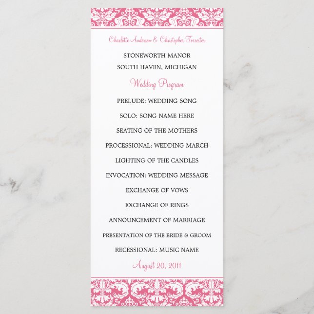 Damask Wedding Programs (Honeysuckle) 2-Sided Programme (Front)
