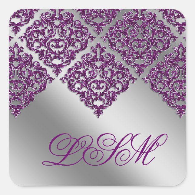 Damask Wedding Stickers Purple Initial Sparkle (Front)