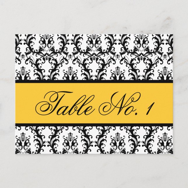 Damask Wedding Table Number Card Yellow Black (Front)