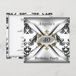 Damask White Birthday Party black white Invitation