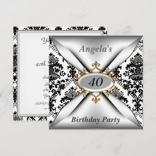 Damask White Birthday Party Celebration Invitation (Front/Back)