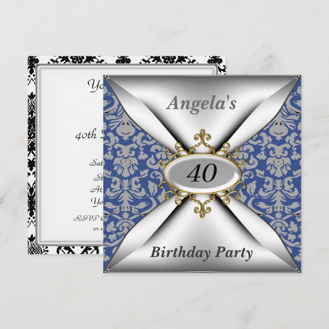 Damask White Birthday Party Celebration Invitation (Front/Back)
