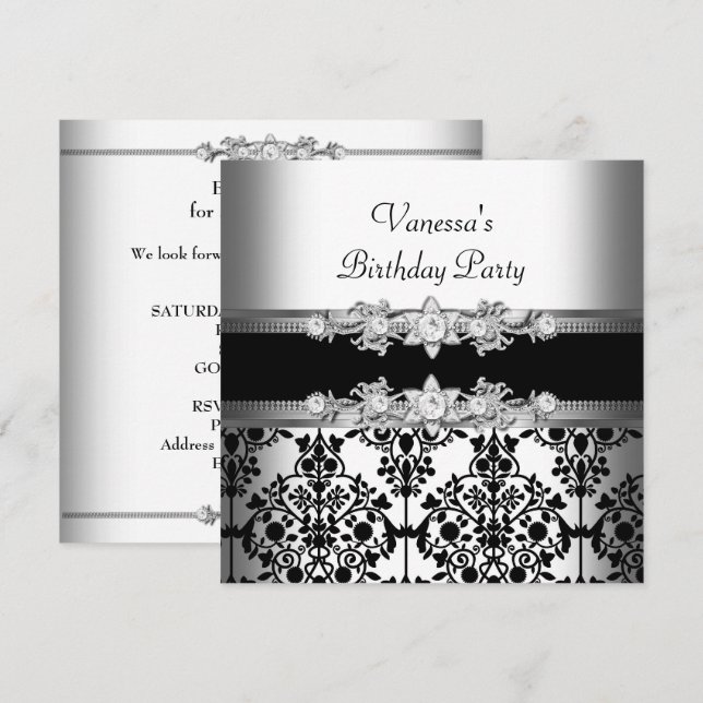 Damask White Black Birthday Party Invitation (Front/Back)