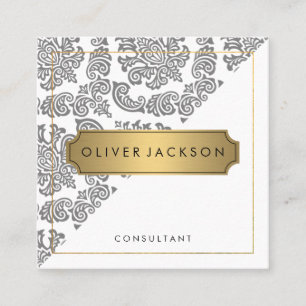 Damask White Gold Executive Square Business Card