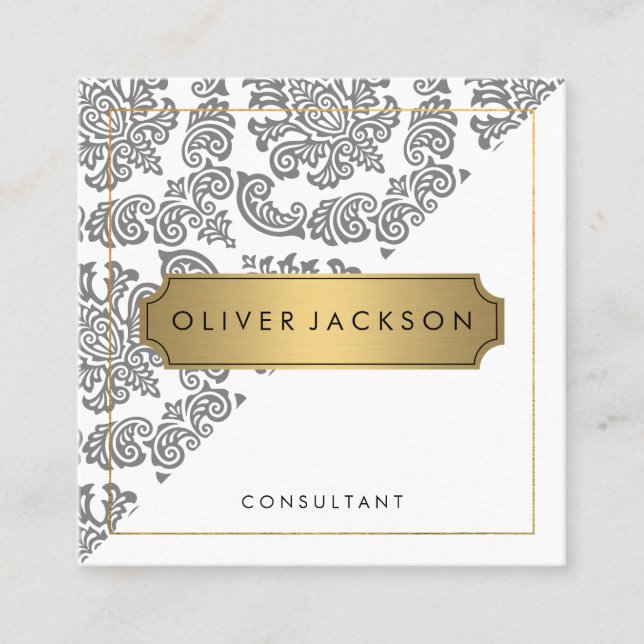 Damask White Gold Executive Square Business Card (Front)
