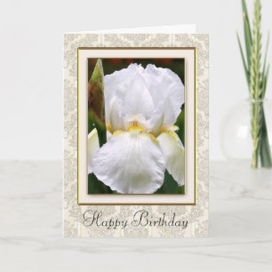 Damask White Iris Happy Birthday Card