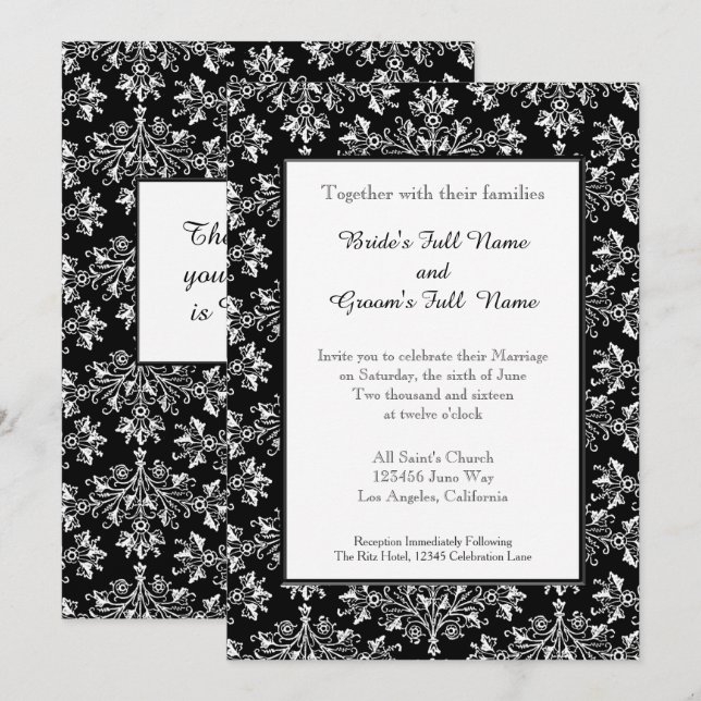 Damask White on Black Editable Wedding Invitation (Front/Back)