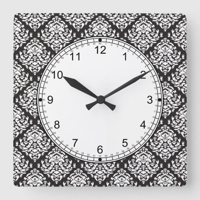 Damask White on Black Square Wall Clock (Front)