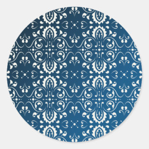 Damask white on blue+black bg classic round sticker