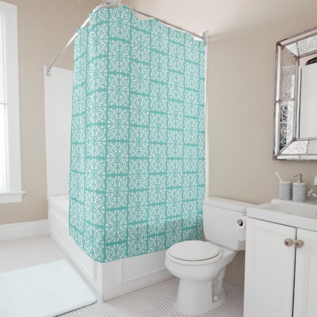 Damask white on blue shower curtain (In Situ)