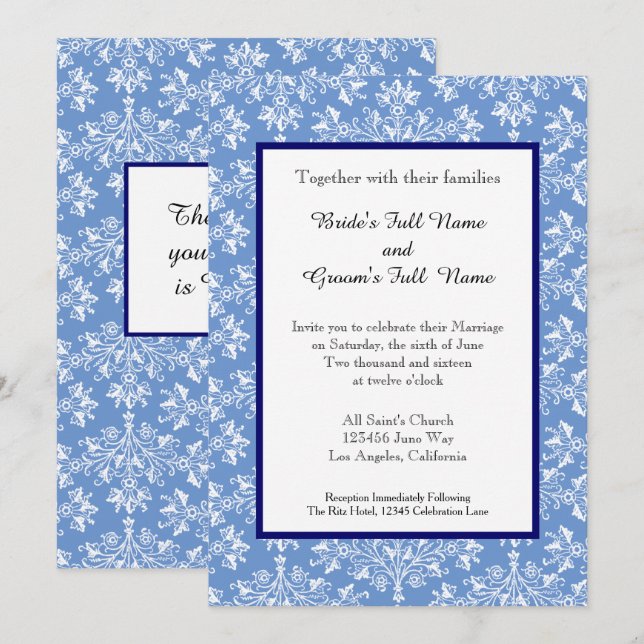 Damask White on Cornflower Blue Editable Wedding  Invitation (Front/Back)