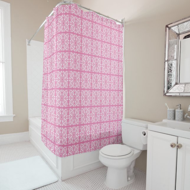 Damask white on pink shower curtain (In Situ)