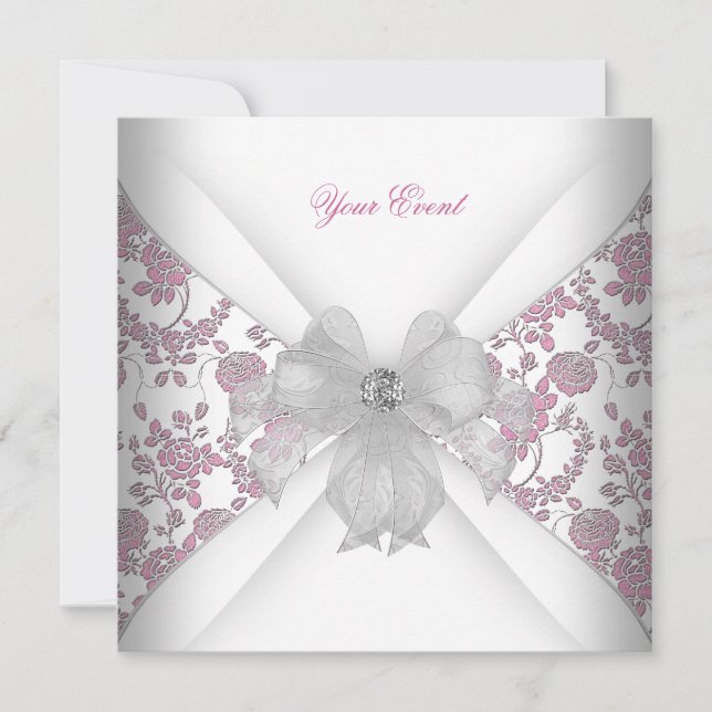Damask White Pink Floral Jewel Bow Party Invitation (Front)