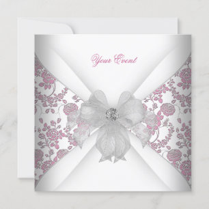 Damask White Pink Floral Jewel Bow Party Invitation