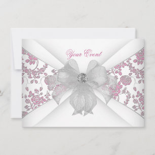 Damask White Pink Floral Jewel Bow Party Invitation
