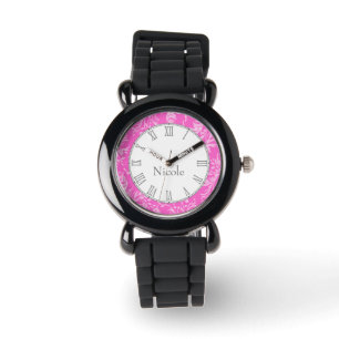 Damask wildflower print pink name wrist watch