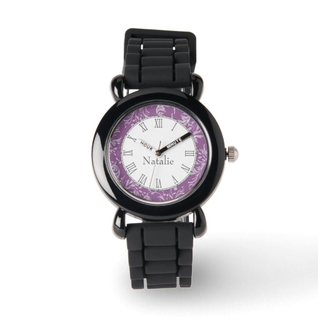 Damask wildflower print purple name wrist watch (Front)