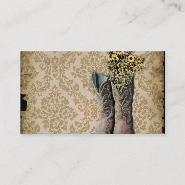 Damask wildflower Western country cowboy boots Business Card (Front)