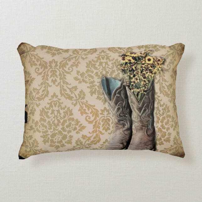 Damask wildflower Western country cowboy boots Decorative Cushion (Front)
