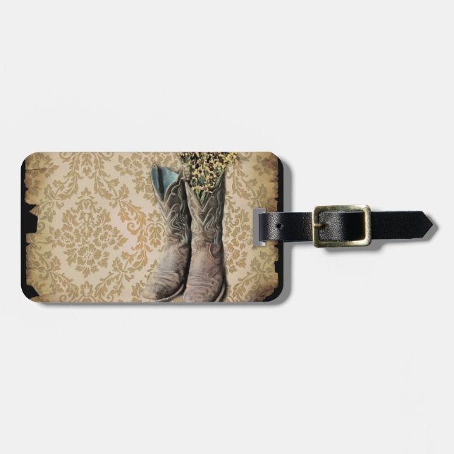 Damask wildflower Western country cowboy boots Luggage Tag (Front Horizontal)