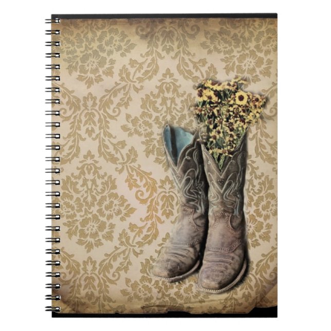 Damask wildflower Western country cowboy boots Notebook (Front)