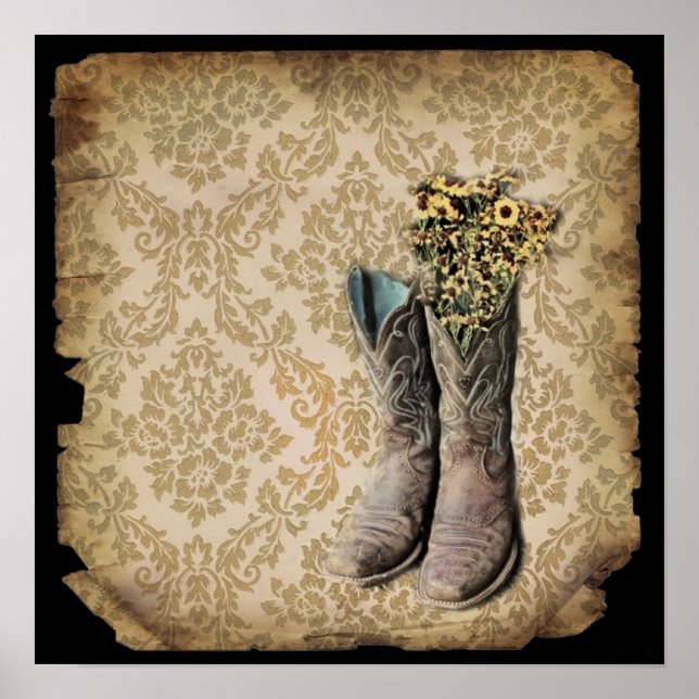 Damask wildflower Western country cowboy boots Poster (Front)