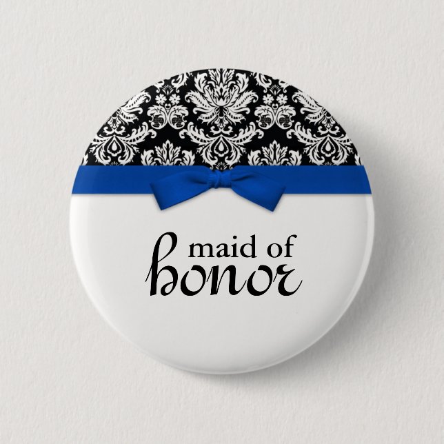Damask With Blue Bow Maid of Honour Button (Front)