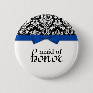 Damask With Blue Bow Maid of Honour Button