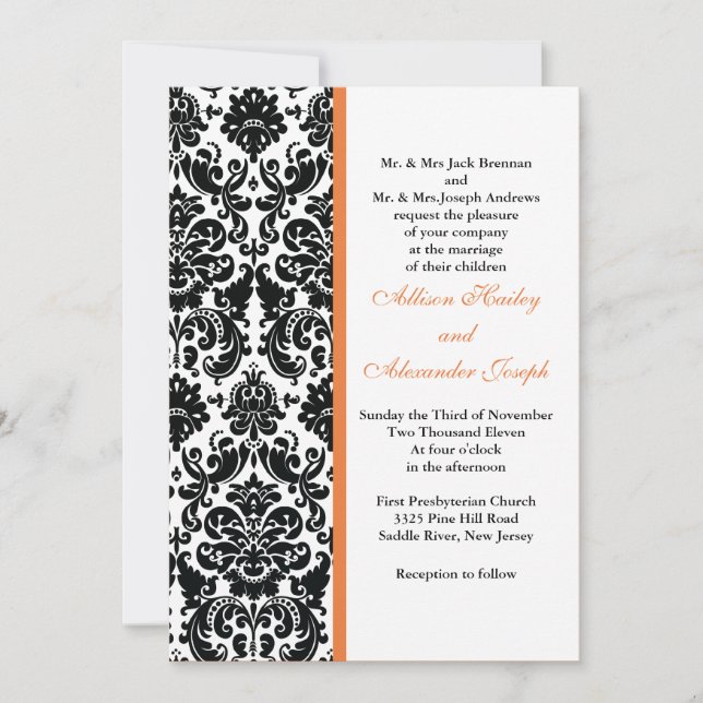Damask with Coral Rose accent Wedding Invitation (Front)