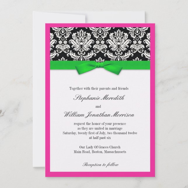 Damask With Green and Pink Wedding Invitation (Front)